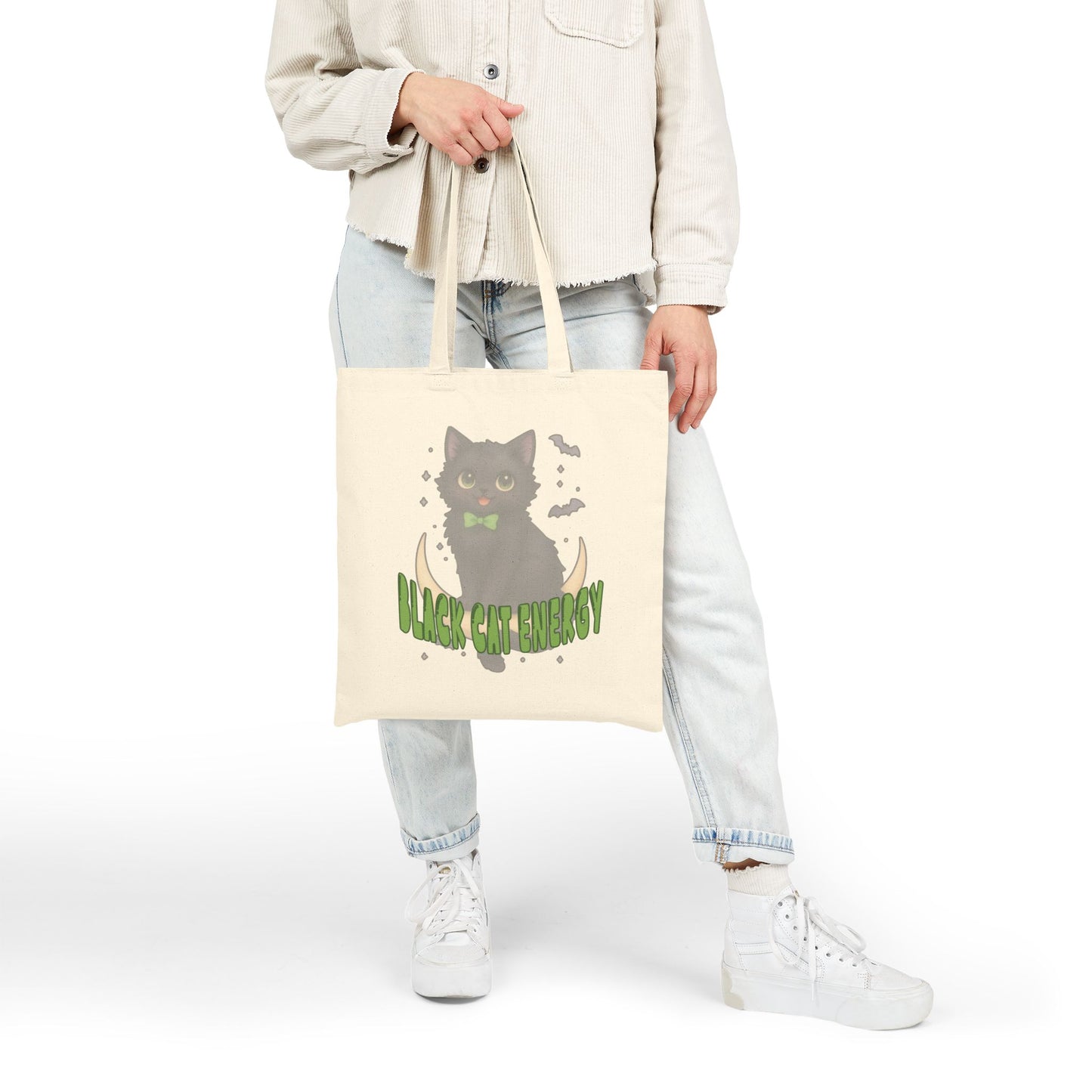 Black Cat Energy Cotton Tote Bag — Cute Green Bow Cat Graphic Tote