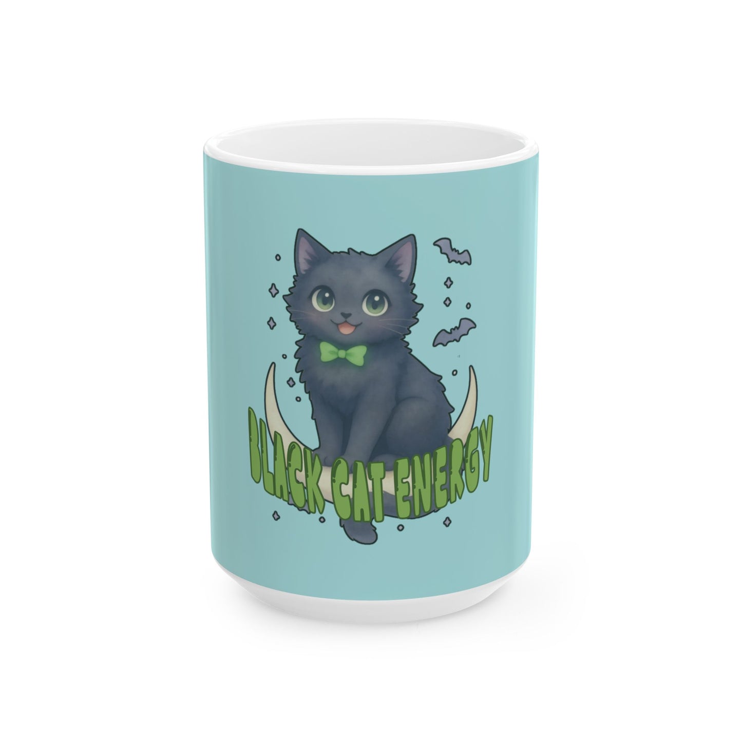 Black Cat Energy Ceramic Mug (Blue)— Cute Spooky Cat Coffee Cup (11oz & 15oz)