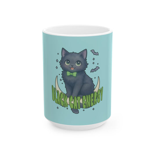 Black Cat Energy Ceramic Mug (Blue)— Cute Spooky Cat Coffee Cup (11oz & 15oz)
