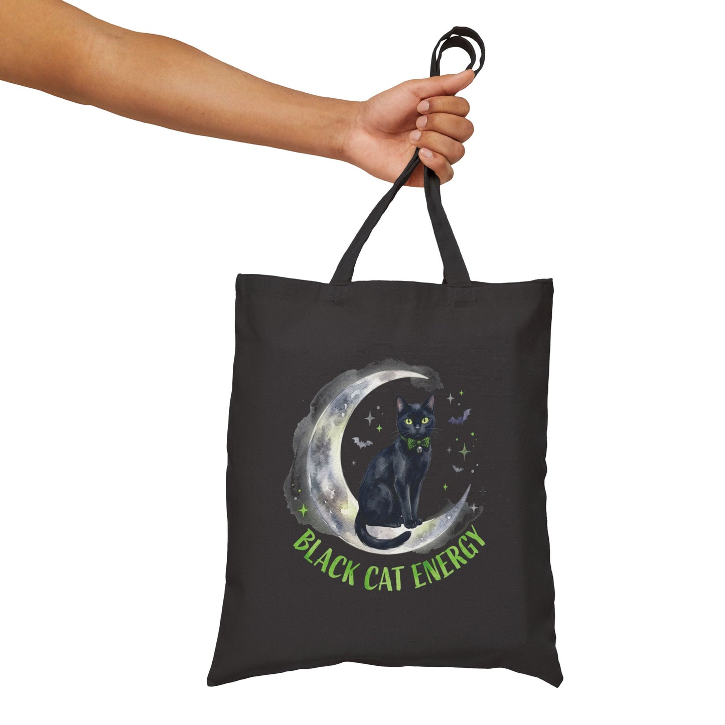 Black Cat Energy Cotton Tote Bag — Cute Green Bow Cat Graphic Tote