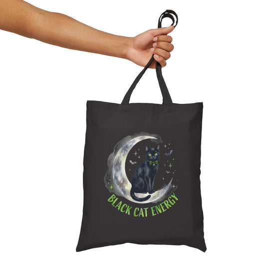 Black Cat Energy Cotton Tote Bag — Cute Green Bow Cat Graphic Tote