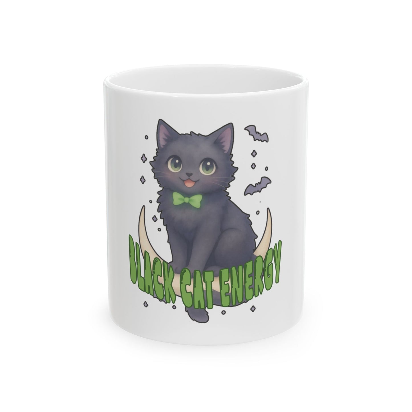 Black Cat Energy Ceramic Mug — Cute Halloween Kitty Coffee Cup (11oz/15oz)