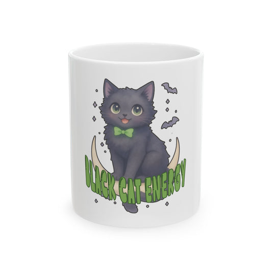 Black Cat Energy Ceramic Mug — Cute Halloween Kitty Coffee Cup (11oz/15oz)