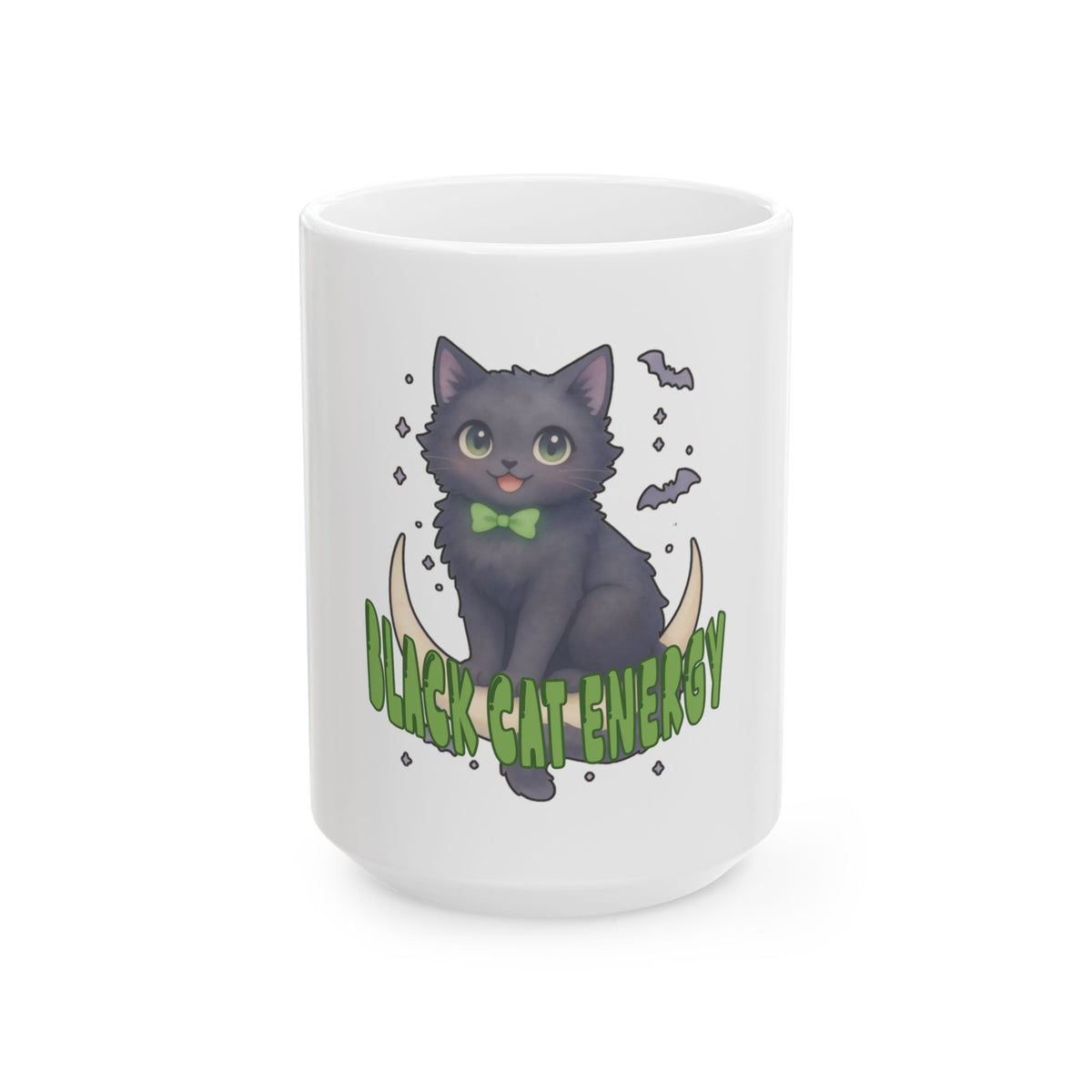 Black Cat Energy Ceramic Mug — Cute Halloween Kitty Coffee Cup (11oz/15oz)