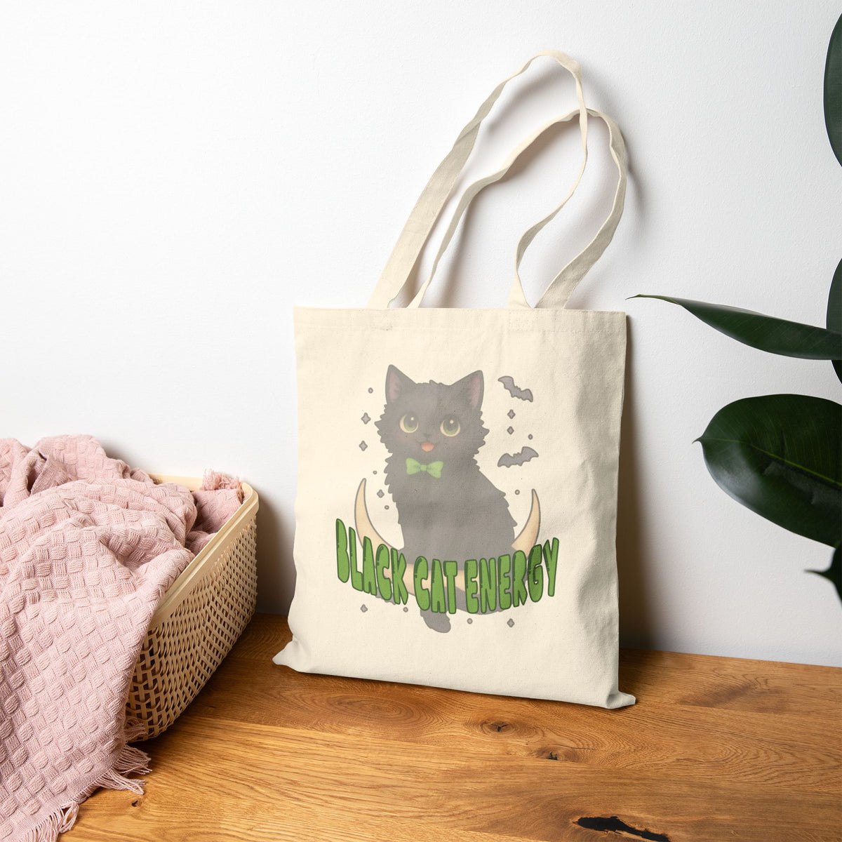Black Cat Energy Cotton Tote Bag — Cute Green Bow Cat Graphic Tote
