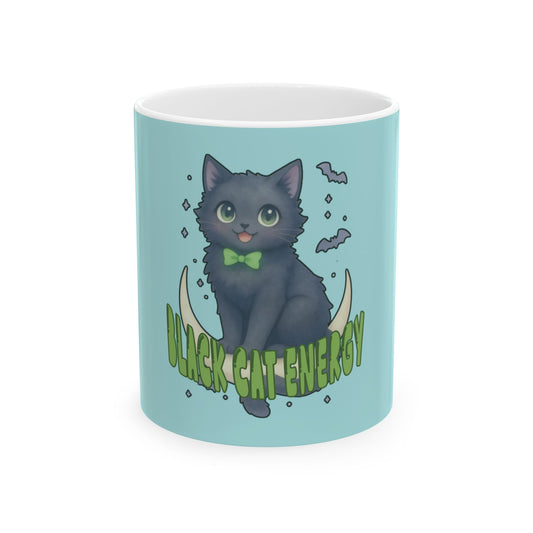 Black Cat Energy Ceramic Mug (Blue)— Cute Spooky Cat Coffee Cup (11oz & 15oz)