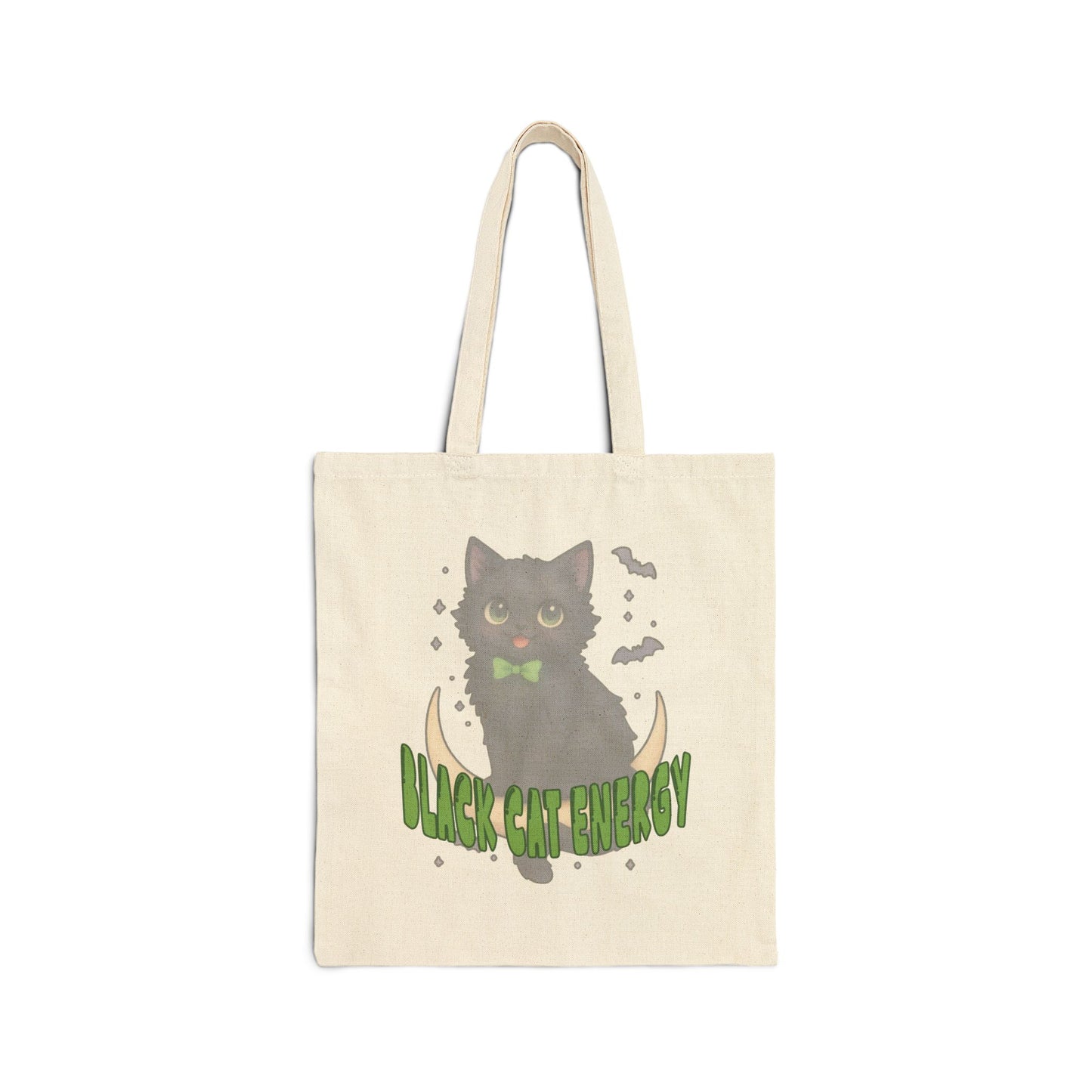 Black Cat Energy Cotton Tote Bag — Cute Green Bow Cat Graphic Tote