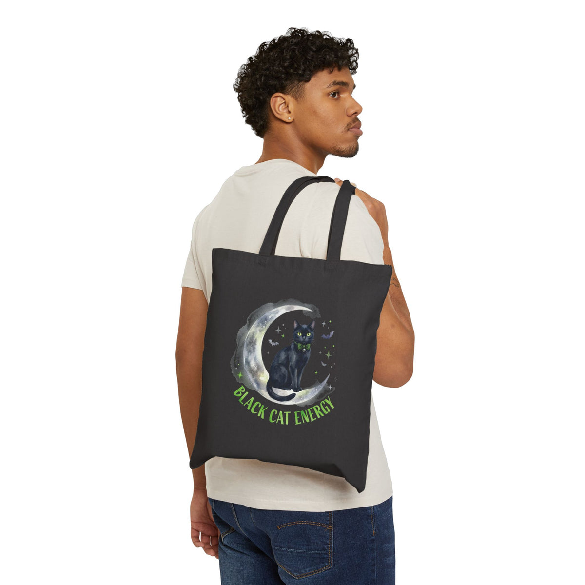 Black Cat Energy Cotton Tote Bag — Cute Green Bow Cat Graphic Tote