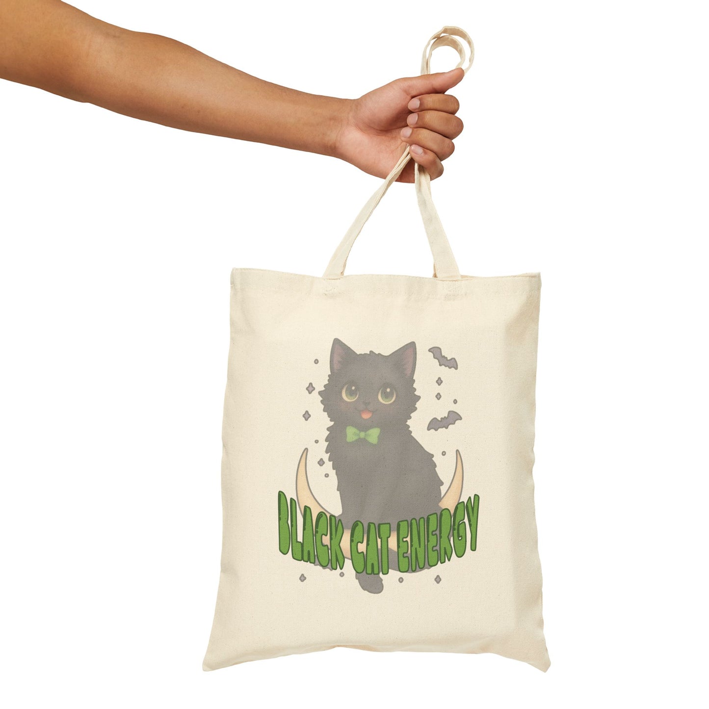 Black Cat Energy Cotton Tote Bag — Cute Green Bow Cat Graphic Tote