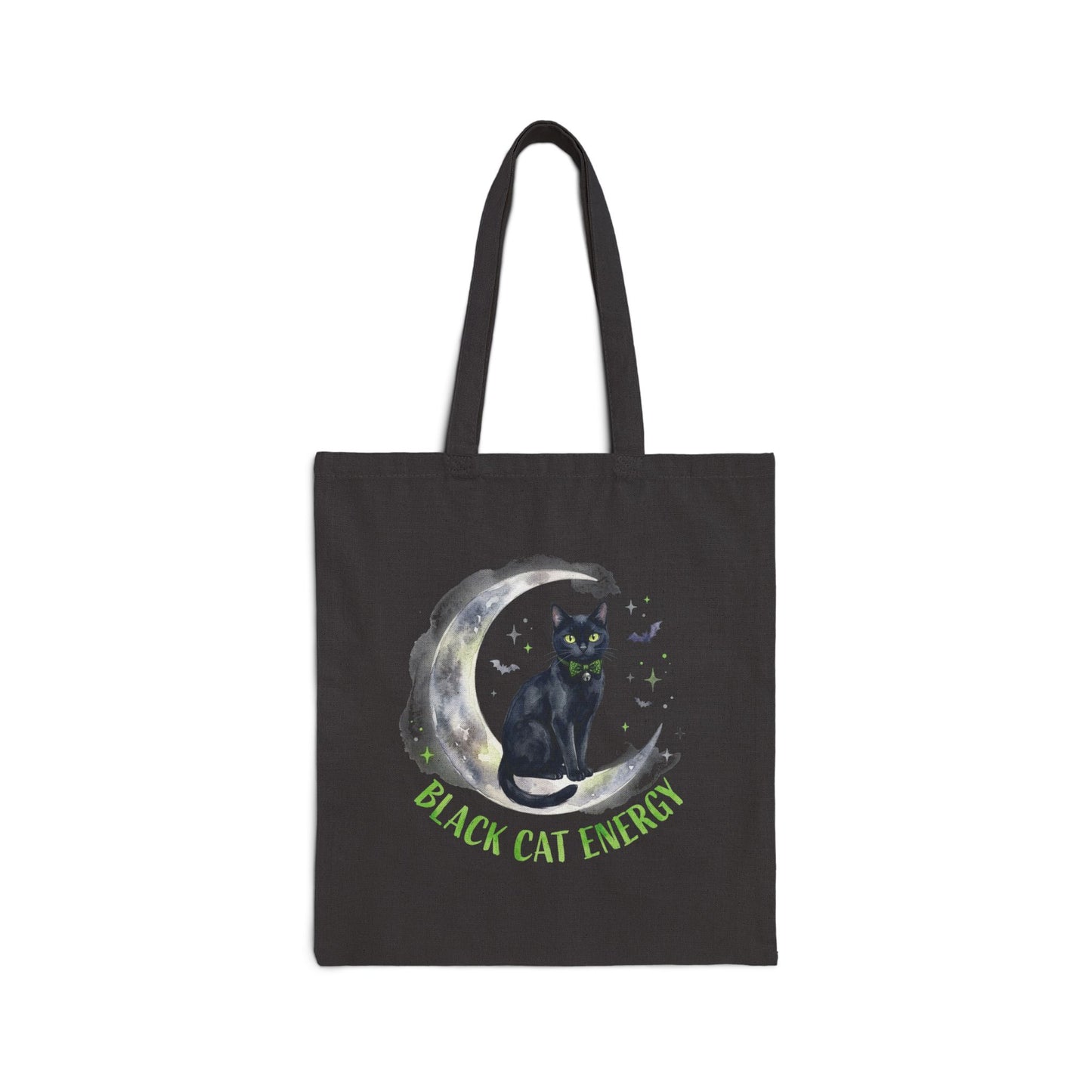Black Cat Energy Cotton Tote Bag — Cute Green Bow Cat Graphic Tote
