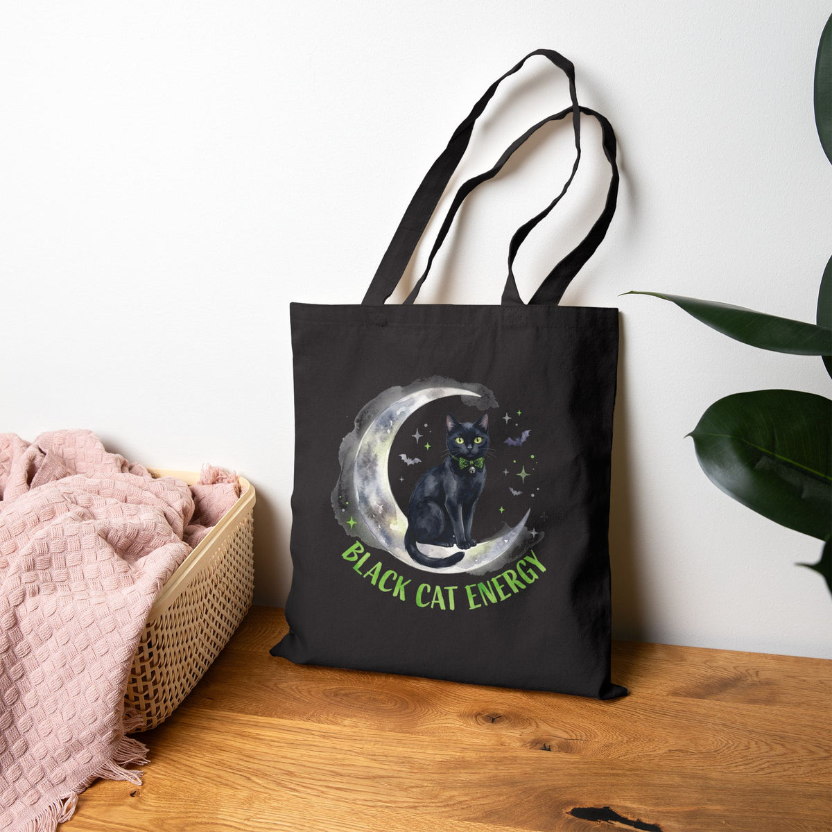 Black Cat Energy Cotton Tote Bag — Cute Green Bow Cat Graphic Tote